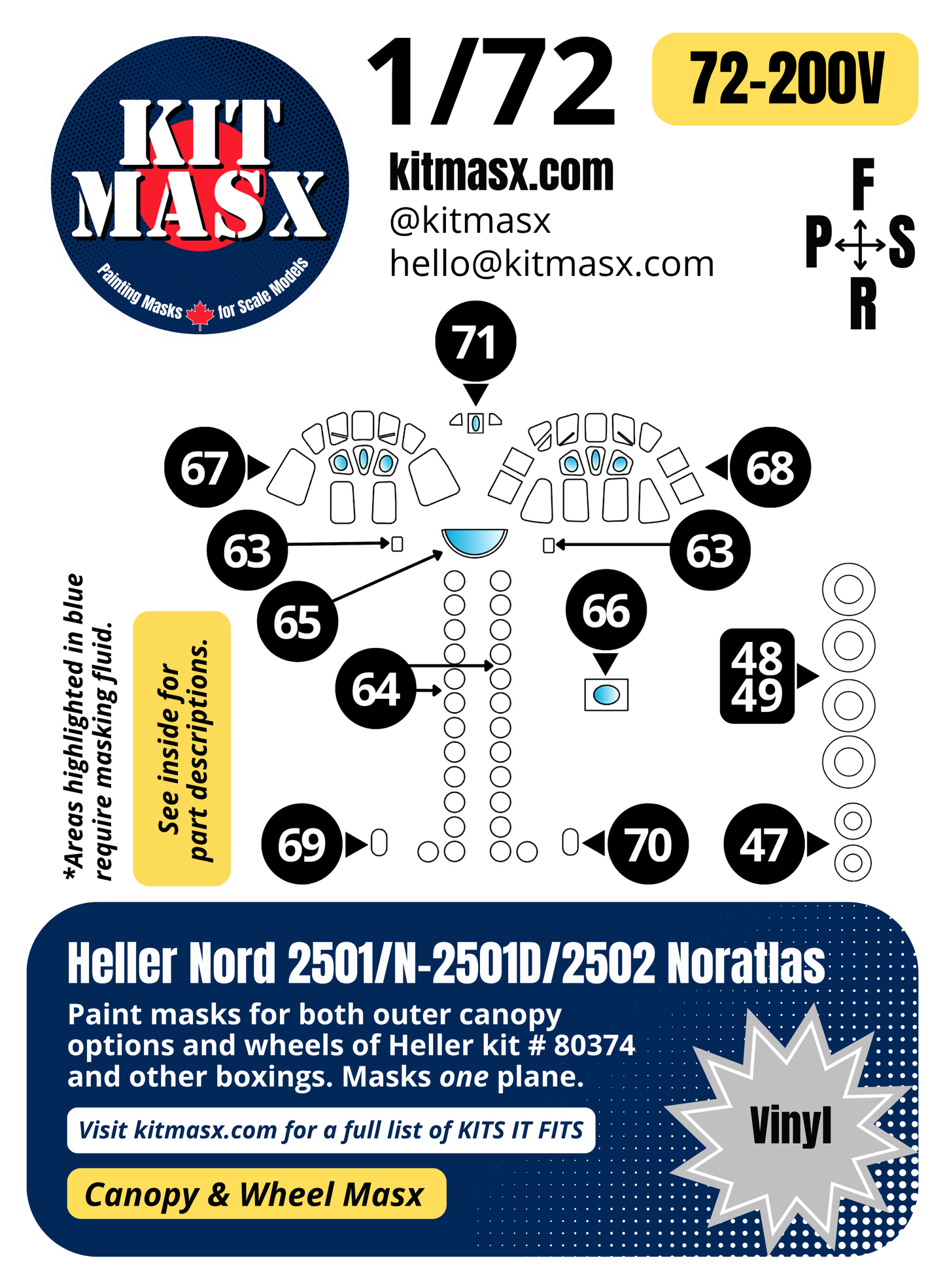 Heller Nord 2501/N-2501D/2502 Noratlas 1/72 Canopy & Wheel Paint Masks, Kit # 80374