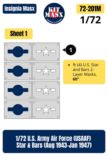 U.S. Army Air Force (USAAF) Star and Bars (August 1943-January 1947) 1/72 National Insignia Paint Masks (72201M)