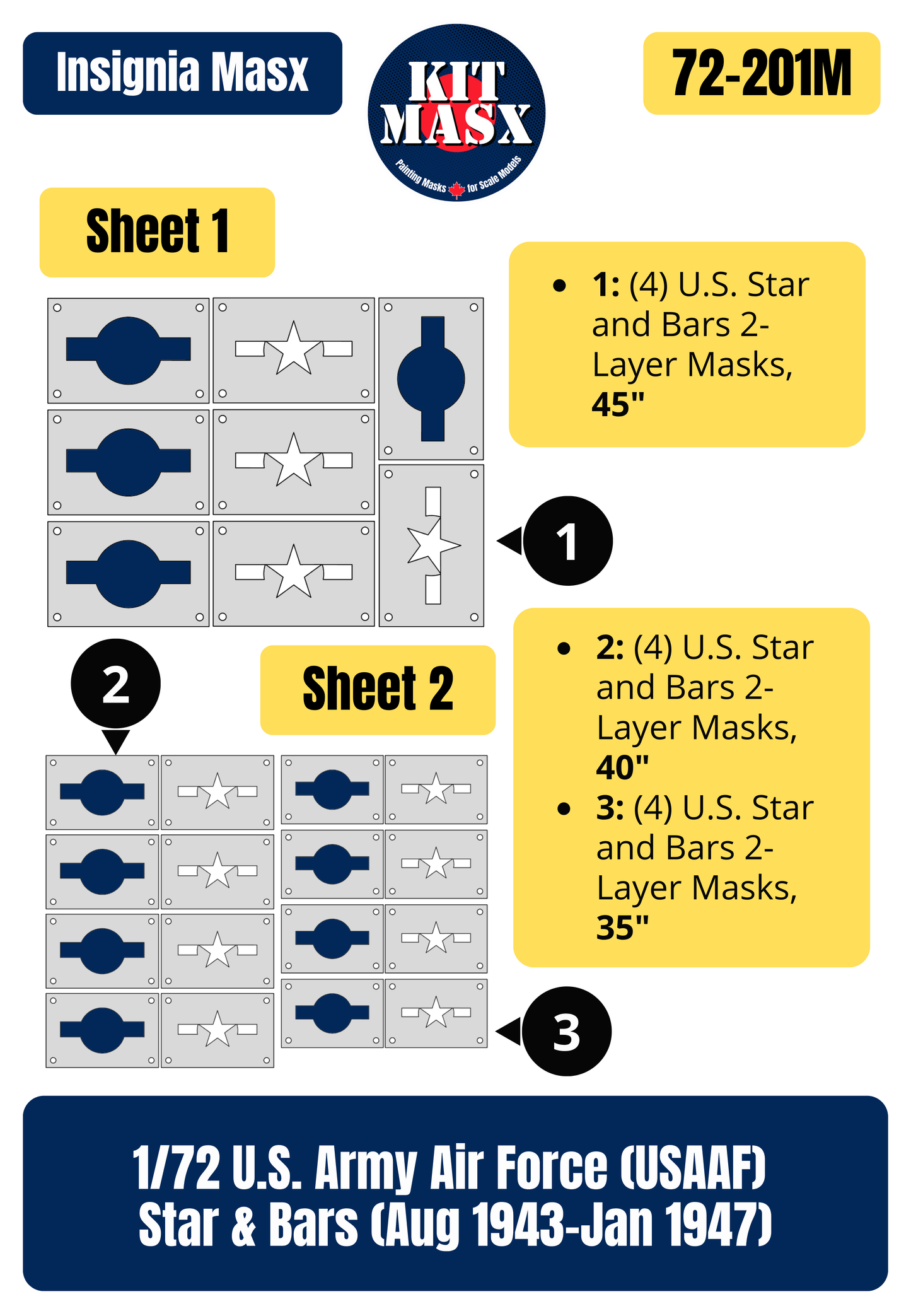 U.S. Army Air Force (USAAF) Star and Bars (August 1943-January 1947) 1/72 National Insignia Paint Masks