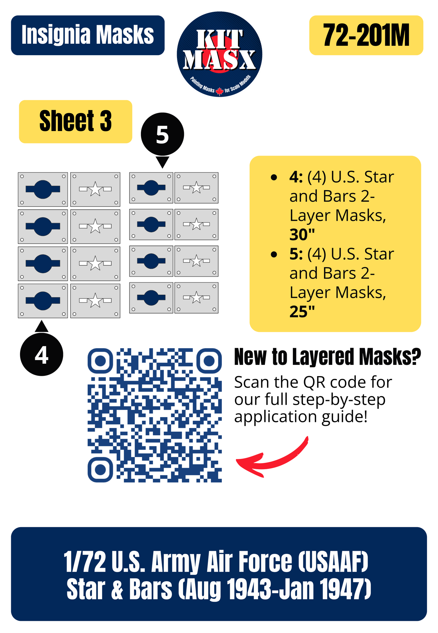 U.S. Army Air Force (USAAF) Star and Bars (August 1943-January 1947) 1/72 National Insignia Paint Masks