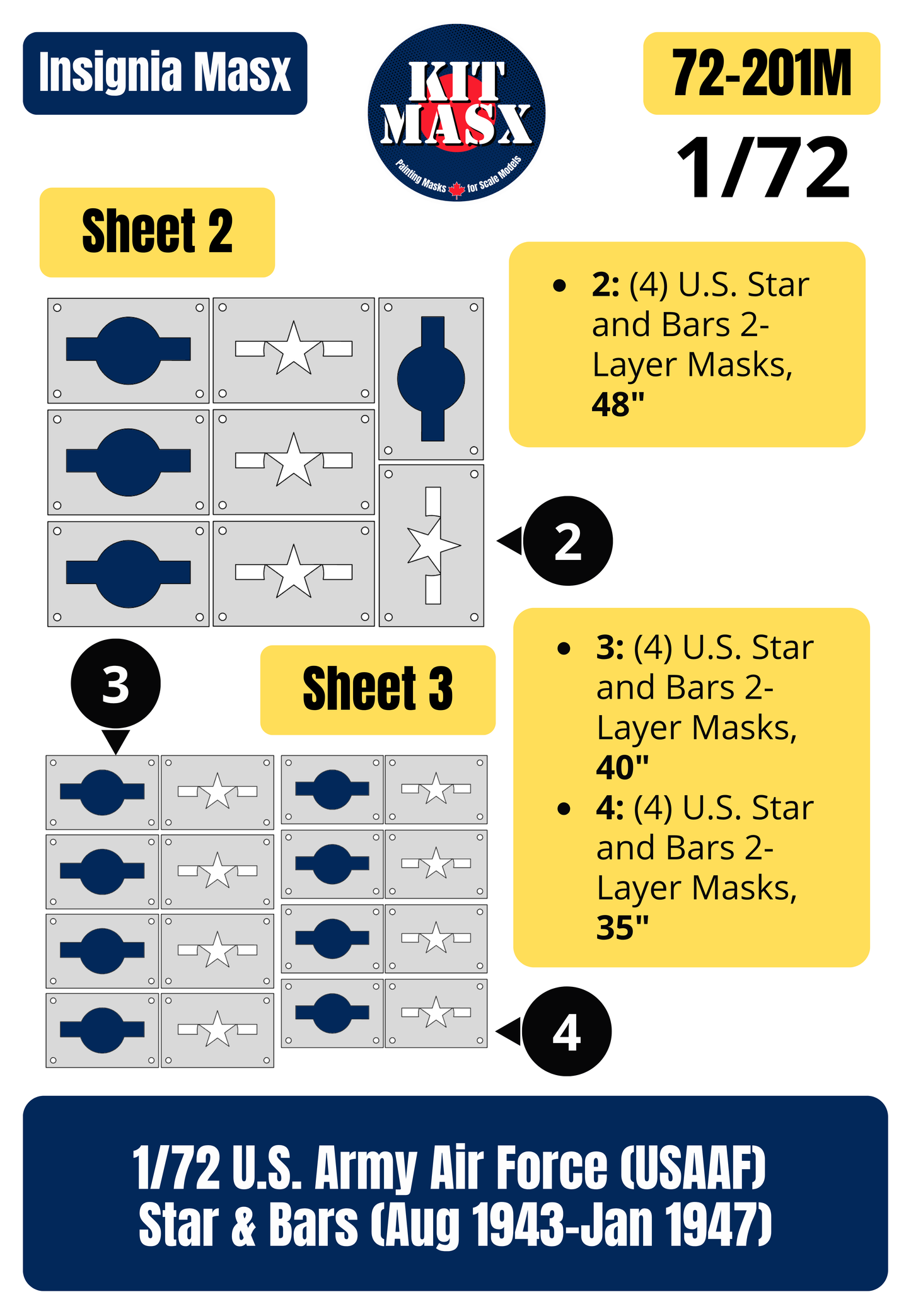 U.S. Army Air Force (USAAF) Star and Bars (August 1943-January 1947) 1/72 National Insignia Paint Masks (72201M)