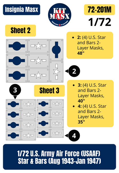U.S. Army Air Force (USAAF) Star and Bars (August 1943-January 1947) 1/72 National Insignia Paint Masks (72201M)