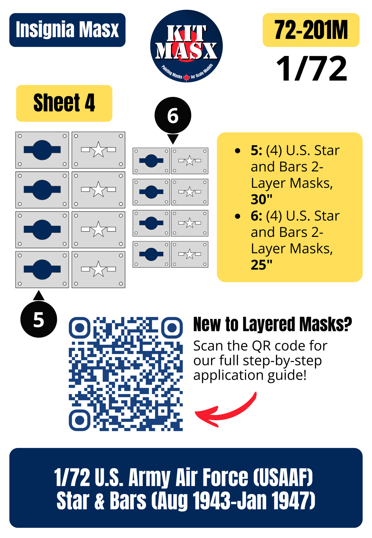 U.S. Army Air Force (USAAF) Star and Bars (August 1943-January 1947) 1/72 National Insignia Paint Masks (72201M)