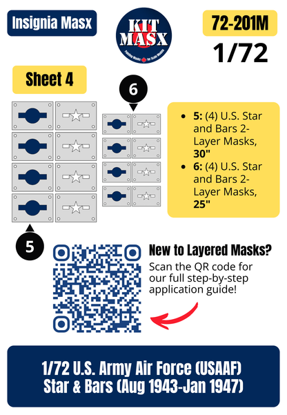 U.S. Army Air Force (USAAF) Star and Bars (August 1943-January 1947) 1/72 National Insignia Paint Masks (72201M)