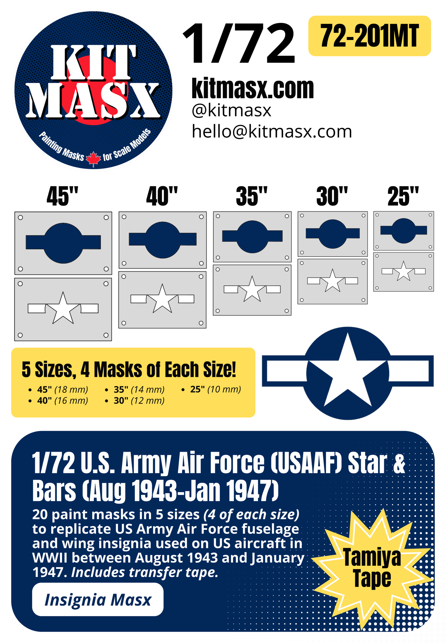 U.S. Army Air Force (USAAF) Star and Bars (August 1943-January 1947) 1/72 National Insignia Paint Masks