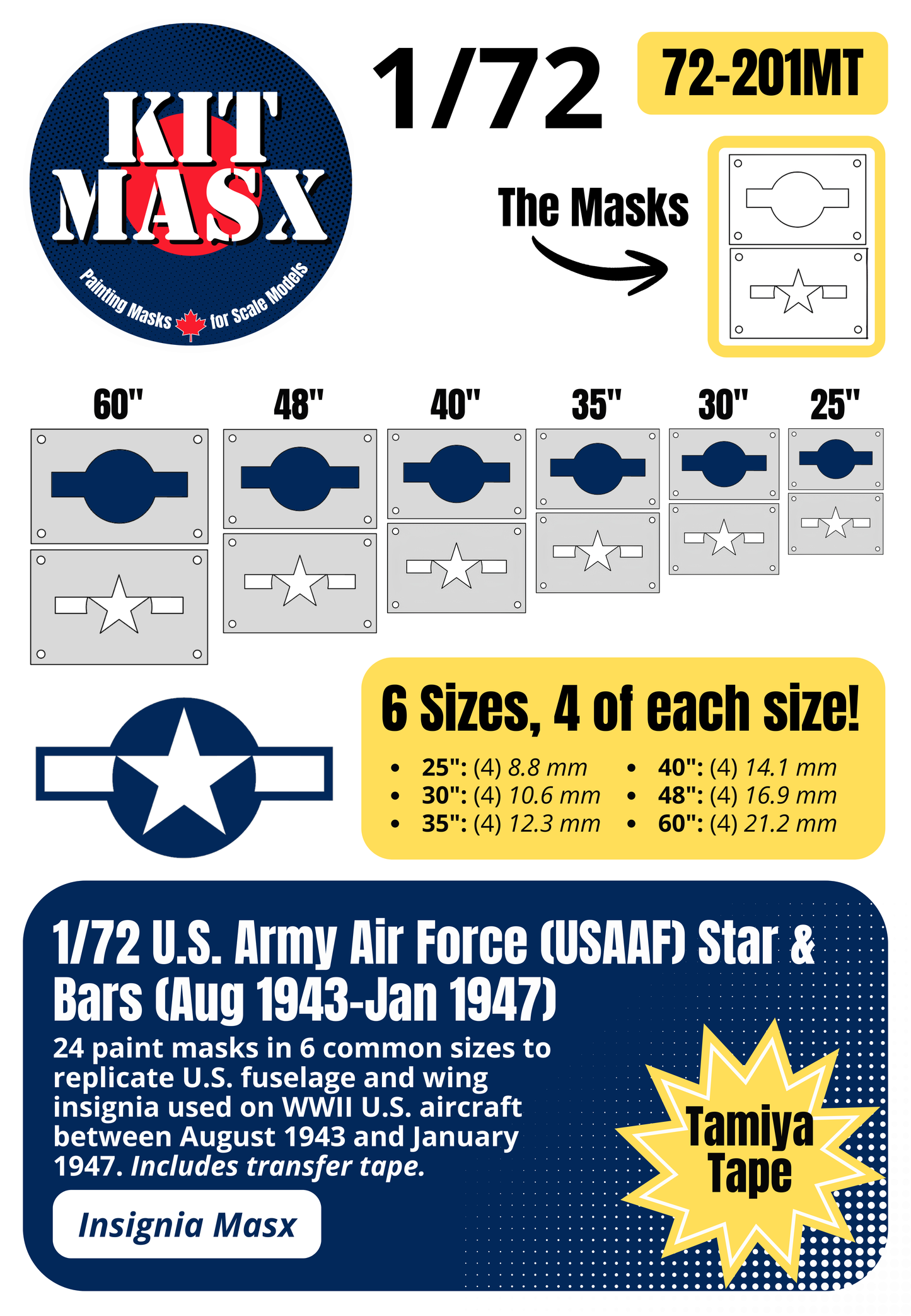 U.S. Army Air Force (USAAF) Star and Bars (August 1943-January 1947) 1/72 National Insignia Paint Masks (72201M)