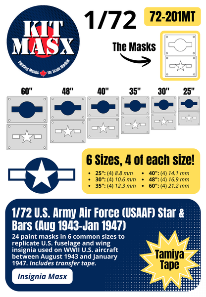 U.S. Army Air Force (USAAF) Star and Bars (August 1943-January 1947) 1/72 National Insignia Paint Masks (72201M)