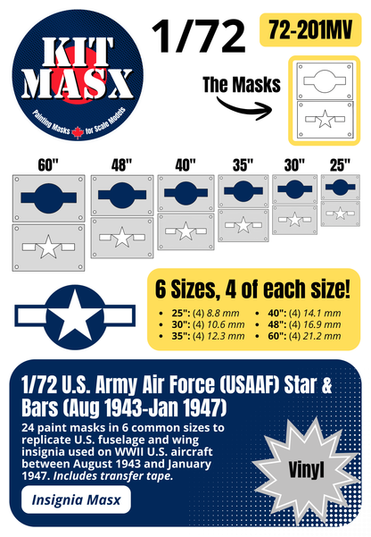 U.S. Army Air Force (USAAF) Star and Bars (August 1943-January 1947) 1/72 National Insignia Paint Masks (72201M)