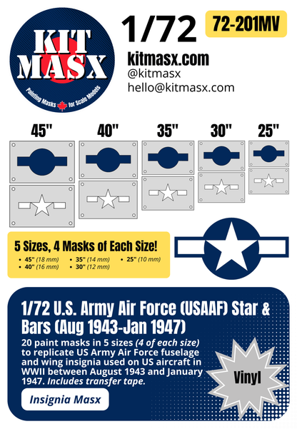U.S. Army Air Force (USAAF) Star and Bars (August 1943-January 1947) 1/72 National Insignia Paint Masks