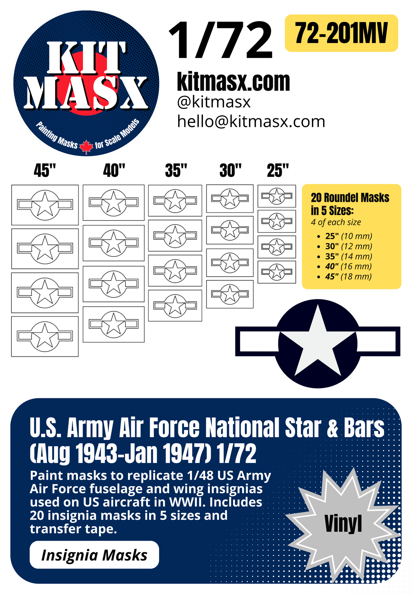 U.S. Army Air Force (USAAF) Star and Bars (August 1943-January 1947) 1/72 National Insignia Paint Masks