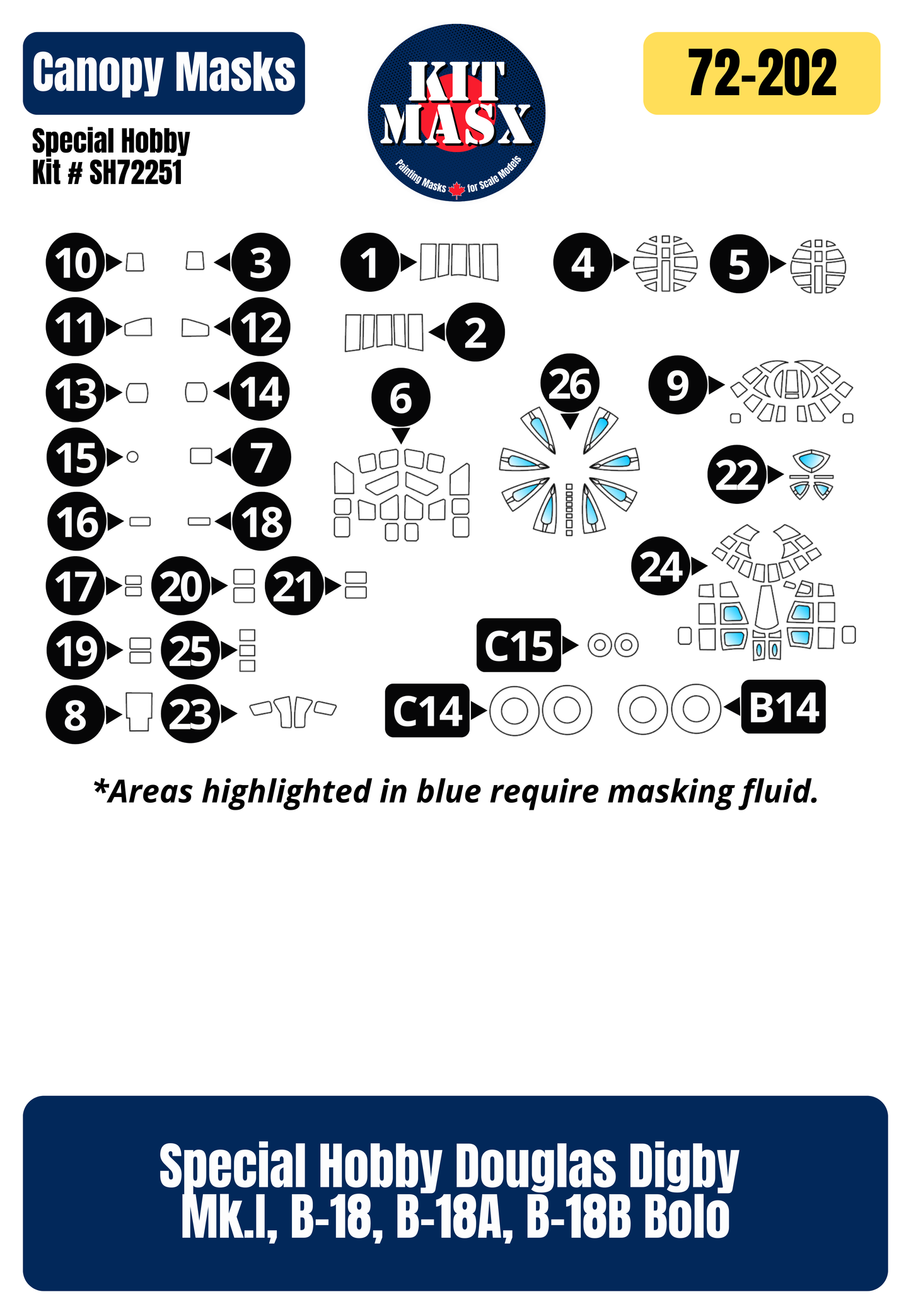 Special Hobby Douglas Digby Mk.I, B-18, B-18A, B-18B Bolo 1/72 Canopy & Wheel Paint Masks, Kit # SH72251