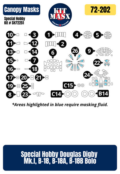 Special Hobby Douglas Digby Mk.I, B-18, B-18A, B-18B Bolo 1/72 Canopy & Wheel Paint Masks, Kit # SH72251