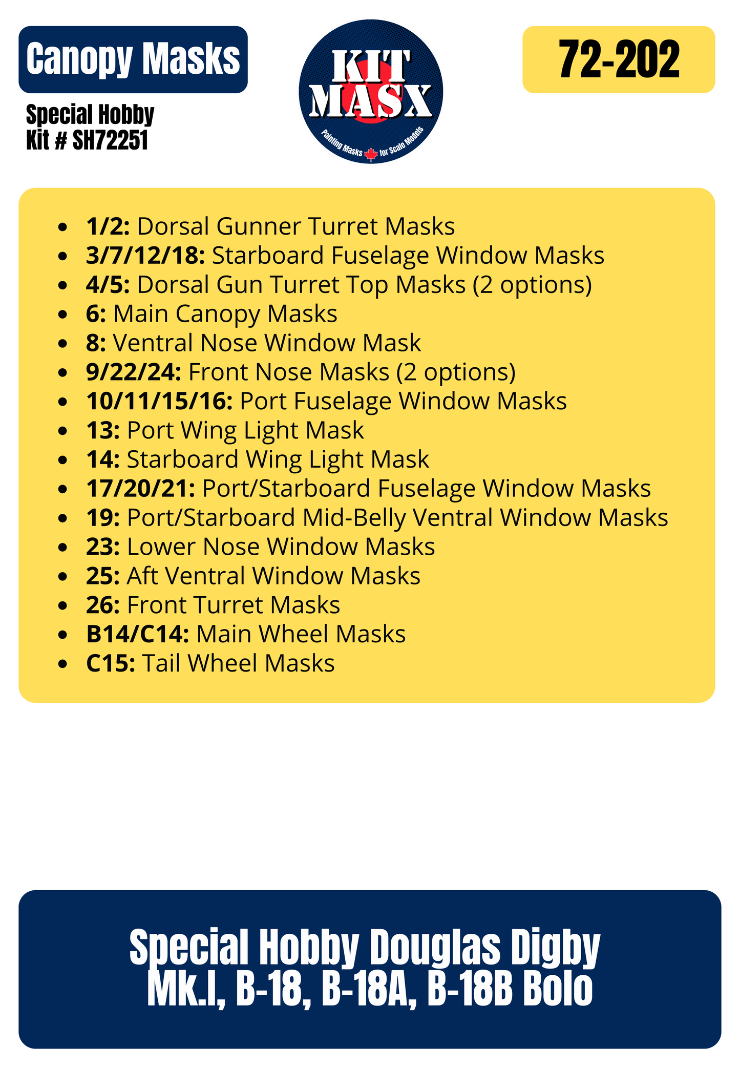 Special Hobby Douglas Digby Mk.I, B-18, B-18A, B-18B Bolo 1/72 Canopy & Wheel Paint Masks, Kit # SH72251