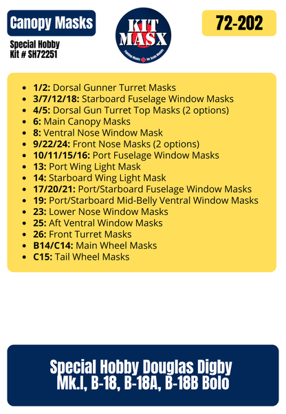 Special Hobby Douglas Digby Mk.I, B-18, B-18A, B-18B Bolo 1/72 Canopy & Wheel Paint Masks, Kit # SH72251