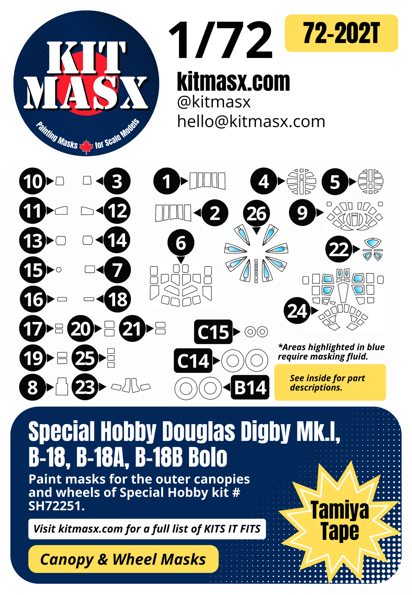 Special Hobby Douglas Digby Mk.I, B-18, B-18A, B-18B Bolo 1/72 Canopy & Wheel Paint Masks, Kit # SH72251