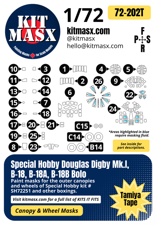 Special Hobby Douglas Digby Mk.I, B-18, B-18A, B-18B Bolo 1/72 Canopy & Wheel Paint Masks, Kit # SH72251