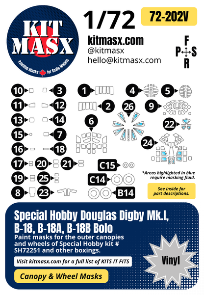 Special Hobby Douglas Digby Mk.I, B-18, B-18A, B-18B Bolo 1/72 Canopy & Wheel Paint Masks, Kit # SH72251
