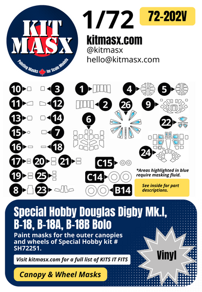 Special Hobby Douglas Digby Mk.I, B-18, B-18A, B-18B Bolo 1/72 Canopy & Wheel Paint Masks, Kit # SH72251