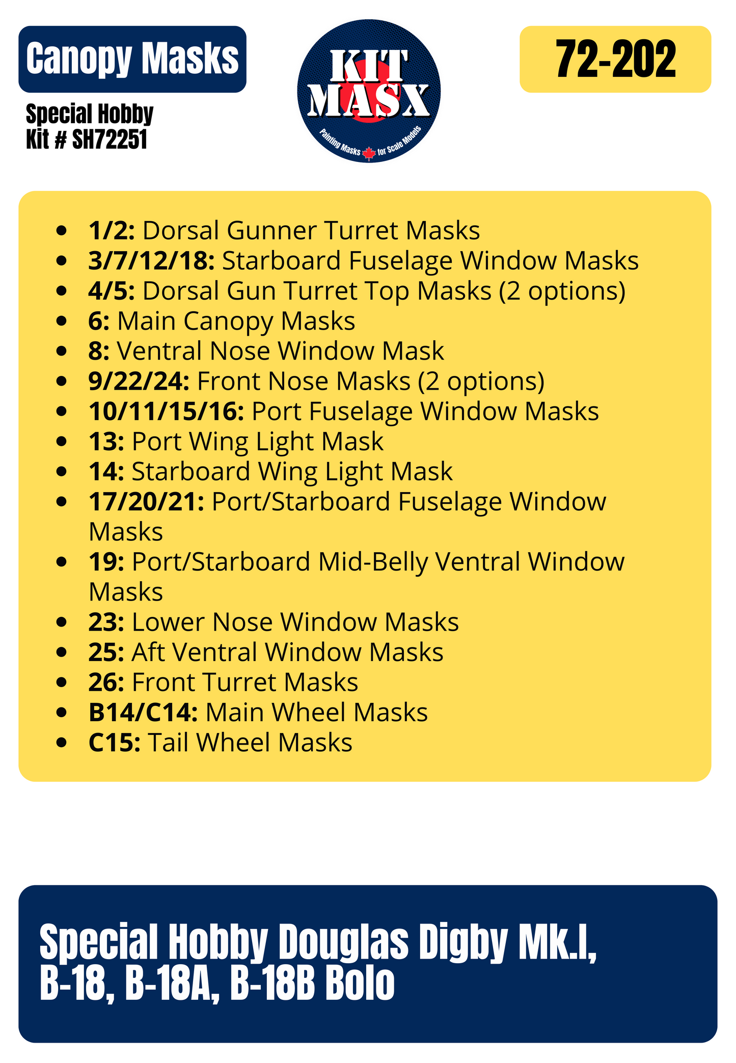 Special Hobby Douglas Digby Mk.I, B-18, B-18A, B-18B Bolo 1/72 Canopy & Wheel Paint Masks, Kit # SH72251