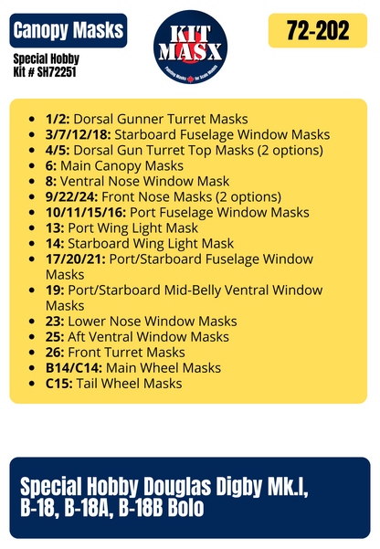 Special Hobby Douglas Digby Mk.I, B-18, B-18A, B-18B Bolo 1/72 Canopy & Wheel Paint Masks, Kit # SH72251