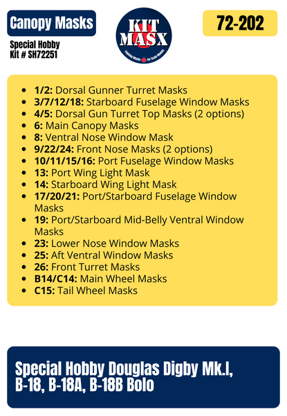 Special Hobby Douglas Digby Mk.I, B-18, B-18A, B-18B Bolo 1/72 Canopy & Wheel Paint Masks, Kit # SH72251