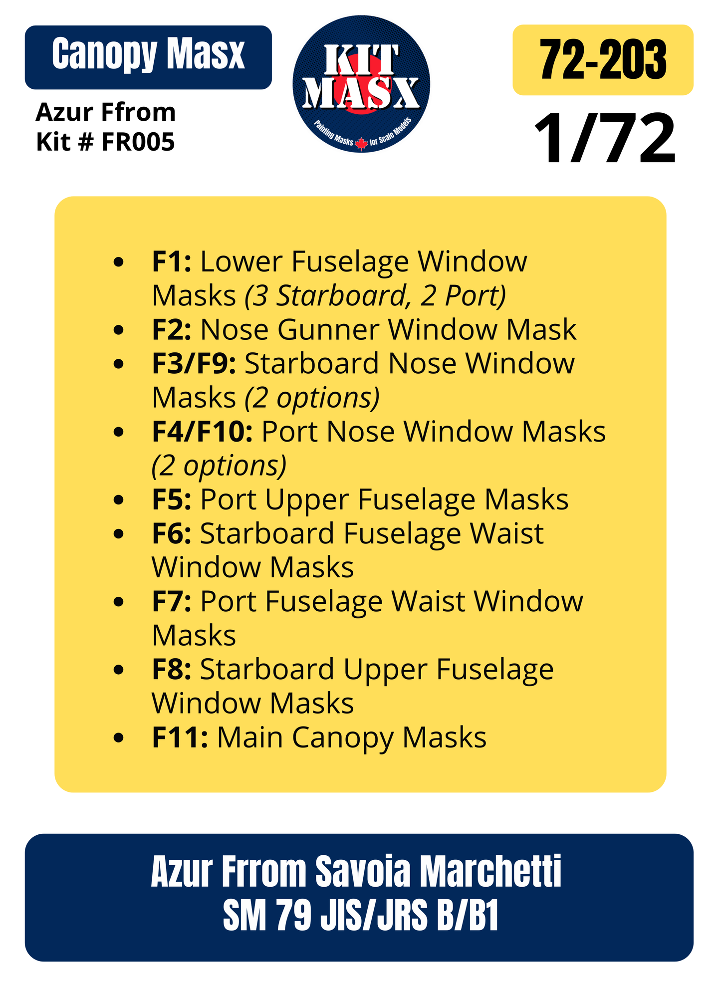 Azur Frrom Savoia Marchetti SM 79 JIS/JRS B/B1 1/72 Canopy Paint Masks, Kit # FR005