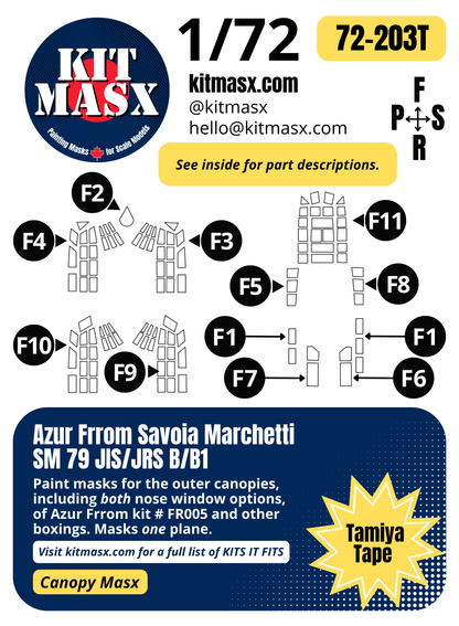 Azur Frrom Savoia Marchetti SM 79 JIS/JRS B/B1 1/72 Canopy Paint Masks, Kit # FR005