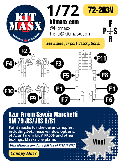 Azur Frrom Savoia Marchetti SM 79 JIS/JRS B/B1 1/72 Canopy Paint Masks, Kit # FR005