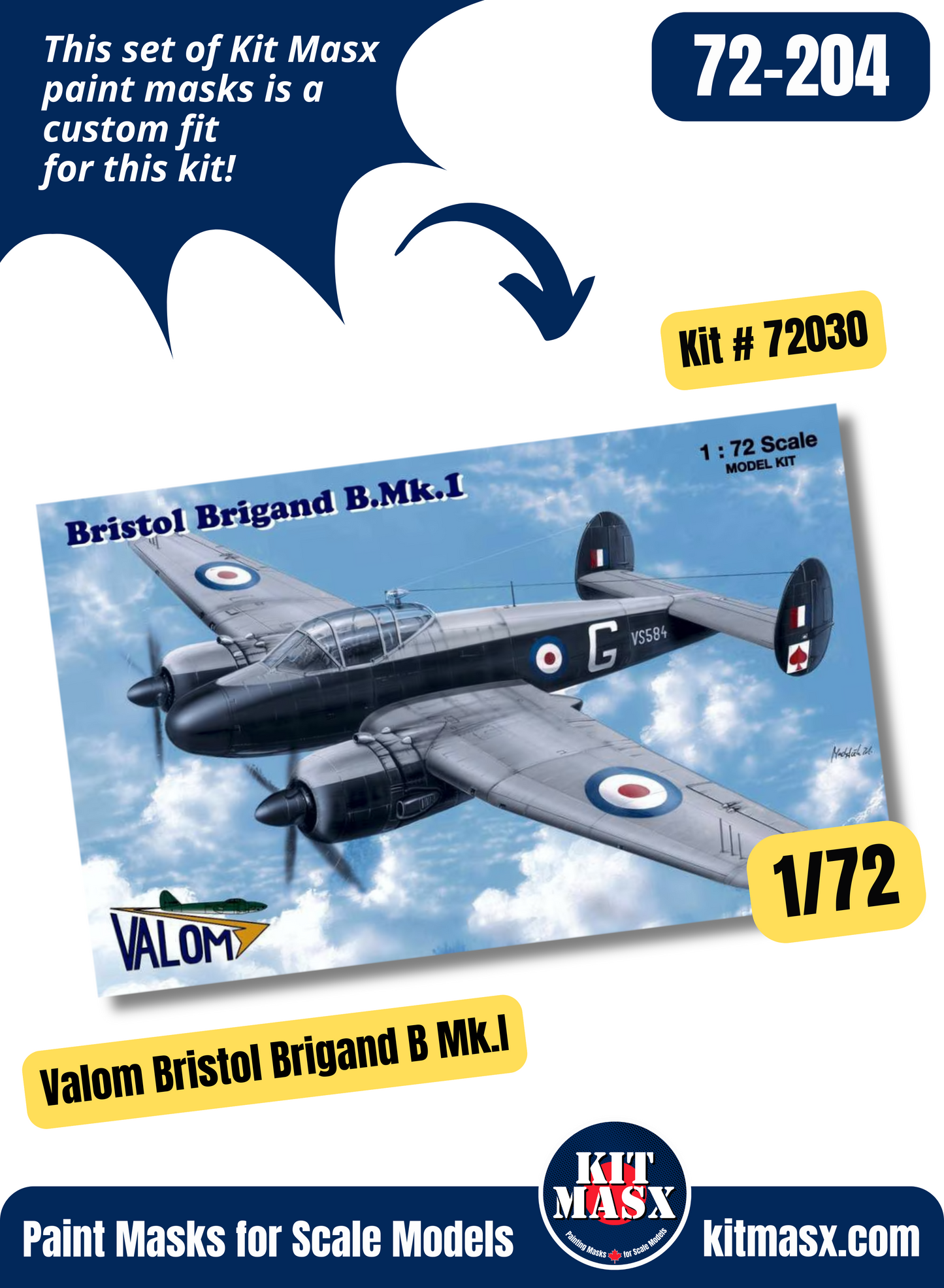 Valom Bristol Brigand B.Mk.I, TF.Mk.I, T.Mk.4 1/72 Canopy & Wheel Paint Masks, Kit # 72030