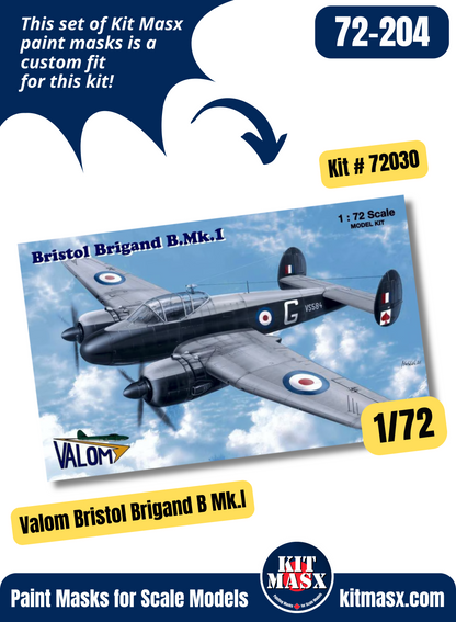 Valom Bristol Brigand B.Mk.I, TF.Mk.I, T.Mk.4 1/72 Canopy & Wheel Paint Masks, Kit # 72030