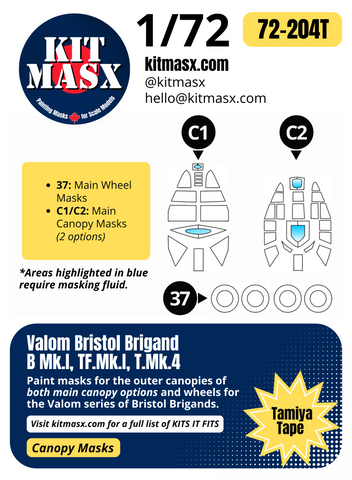 Valom Bristol Brigand B.Mk.I, TF.Mk.I, T.Mk.4 1/72 Canopy & Wheel Paint Masks, Kit # 72030