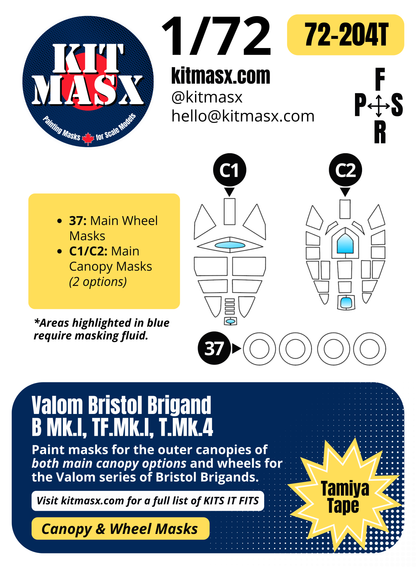 Valom Bristol Brigand B.Mk.I, TF.Mk.I, T.Mk.4 1/72 Canopy & Wheel Paint Masks, Kit # 72030