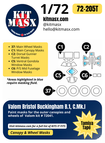 Valom Bristol Buckingham B.1, C.Mk.I 1/72 Canopy & Wheel Paint Masks, Kit # 72041