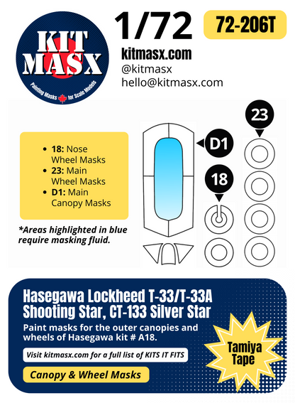 Hasegawa Lockheed T-33/T-33A Shooting Star, CT-133 Silver Star 1/72 Canopy & Wheel Paint Masks, Kit # A18