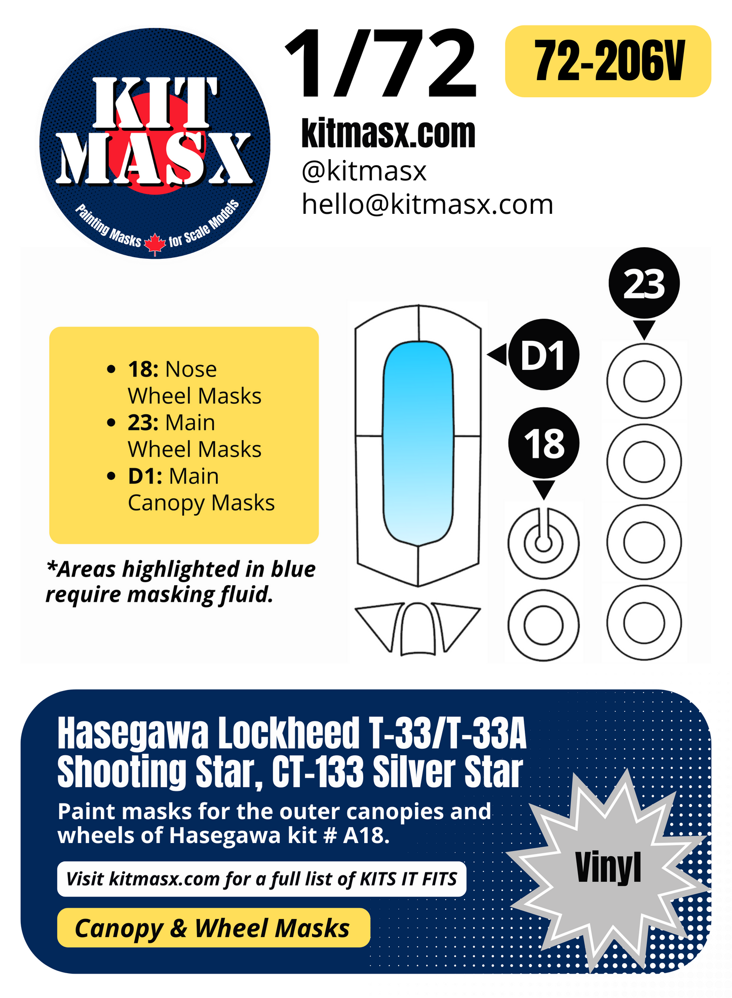 Hasegawa Lockheed T-33/T-33A Shooting Star, CT-133 Silver Star 1/72 Canopy & Wheel Paint Masks, Kit # A18
