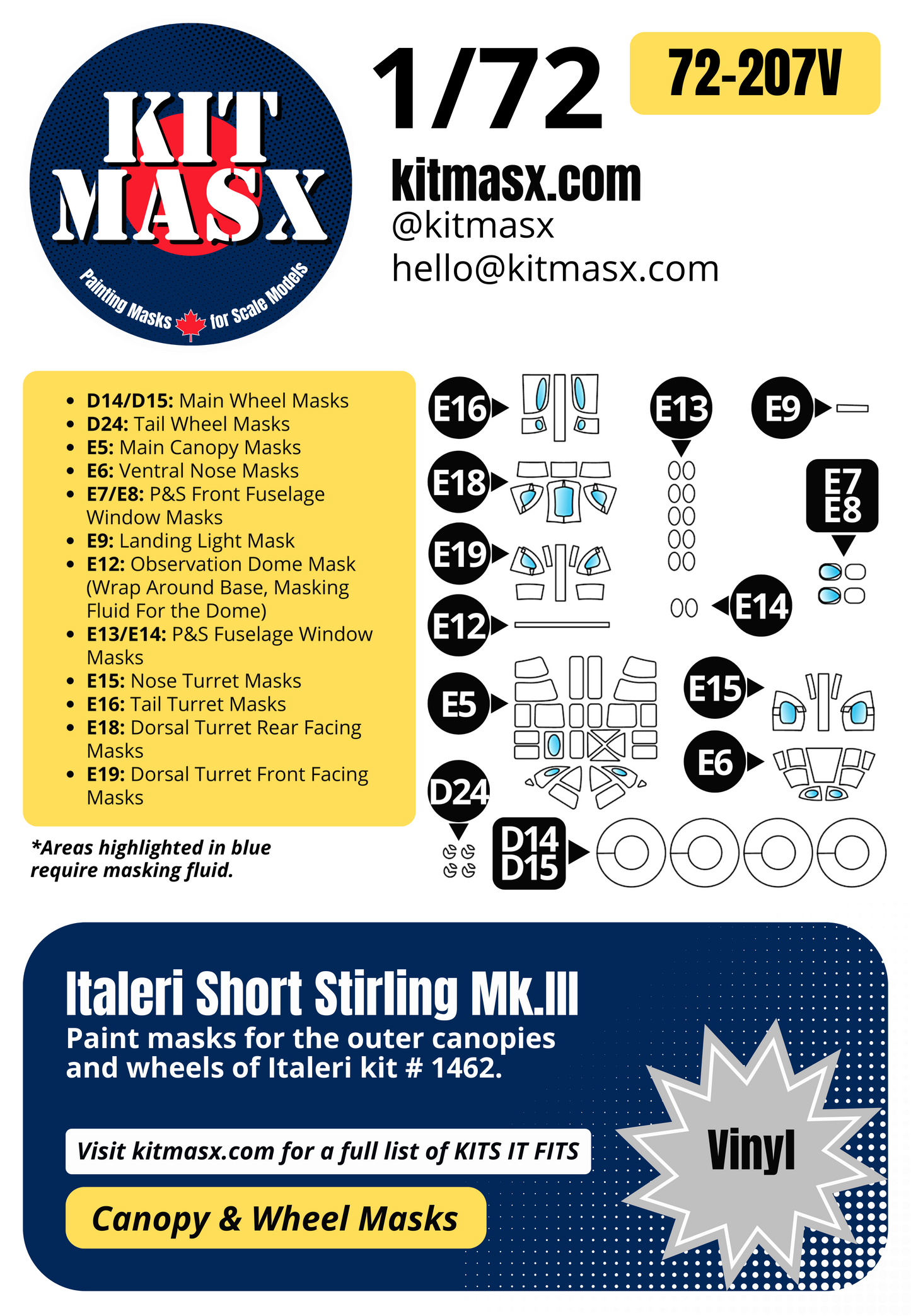 Italeri Short Stirling Mk.III 1/72 Canopy & Wheel Paint Masks, Kit # 1462