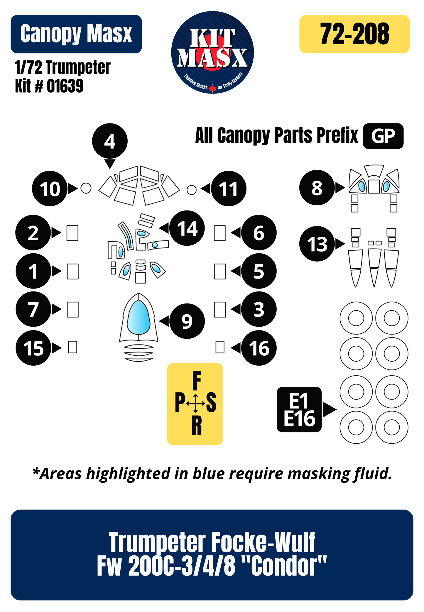 Trumpeter Focke-Wulf Fw 200C-3/4/8 "Condor" 1/72 Canopy & Wheel Paint Masks, Kit # 01639