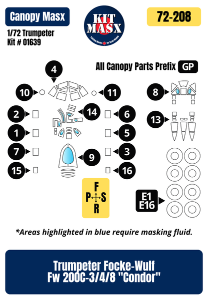 Trumpeter Focke-Wulf Fw 200C-3/4/8 "Condor" 1/72 Canopy & Wheel Paint Masks, Kit # 01639