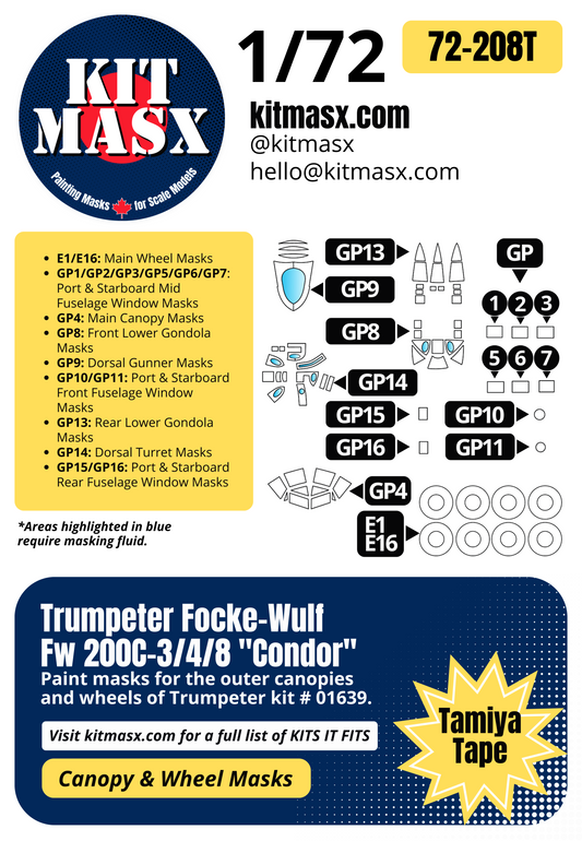 Trumpeter Focke-Wulf Fw 200C-3/4/8 "Condor" 1/72 Canopy & Wheel Paint Masks, Kit # 01639