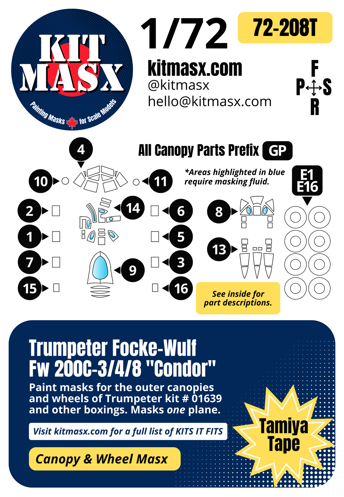 Trumpeter Focke-Wulf Fw 200C-3/4/8 "Condor" 1/72 Canopy & Wheel Paint Masks, Kit # 01639
