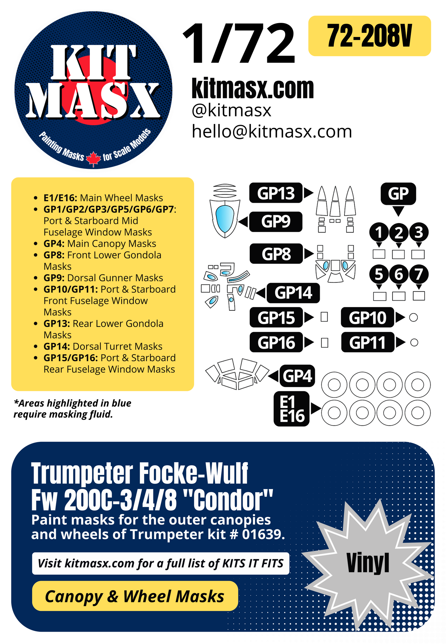Trumpeter Focke-Wulf Fw 200C-3/4/8 "Condor" 1/72 Canopy & Wheel Paint Masks, Kit # 01639