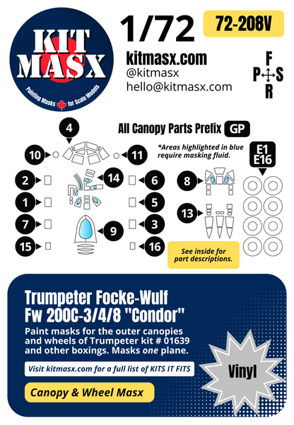 Trumpeter Focke-Wulf Fw 200C-3/4/8 "Condor" 1/72 Canopy & Wheel Paint Masks, Kit # 01639