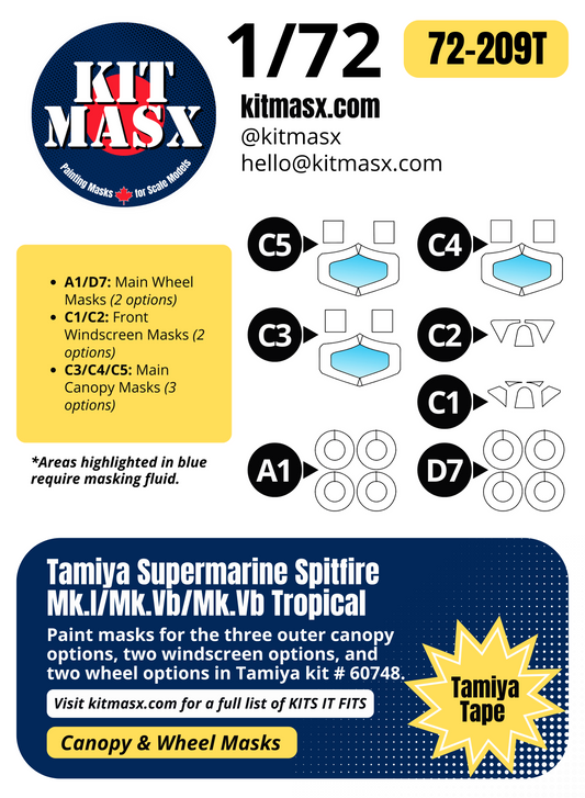 Tamiya Supermarine Spitfire Mk.I/Mk.Vb/Mk.Vb Tropical 1/72 Canopy & Wheel Paint Masks, Kit # 60748