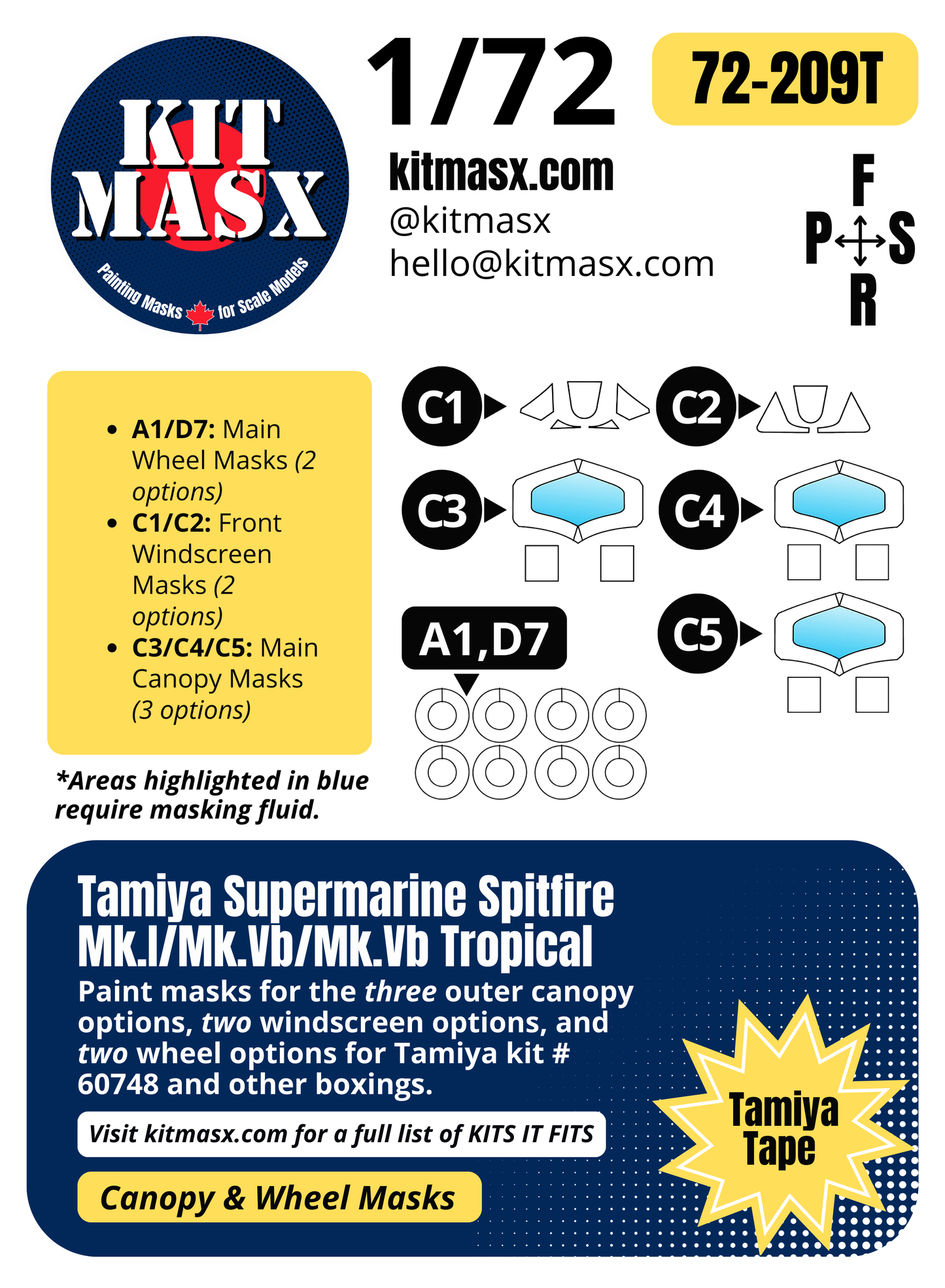 Tamiya Supermarine Spitfire Mk.I/Mk.Vb/Mk.Vb Tropical 1/72 Canopy & Wheel Paint Masks, Kit # 60748