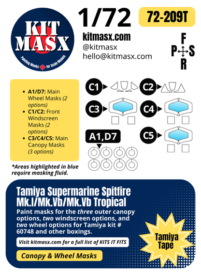 Tamiya Supermarine Spitfire Mk.I/Mk.Vb/Mk.Vb Tropical 1/72 Canopy & Wheel Paint Masks, Kit # 60748