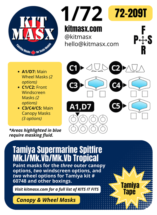 Tamiya Supermarine Spitfire Mk.I/Mk.Vb/Mk.Vb Tropical 1/72 Canopy & Wheel Paint Masks, Kit # 60748