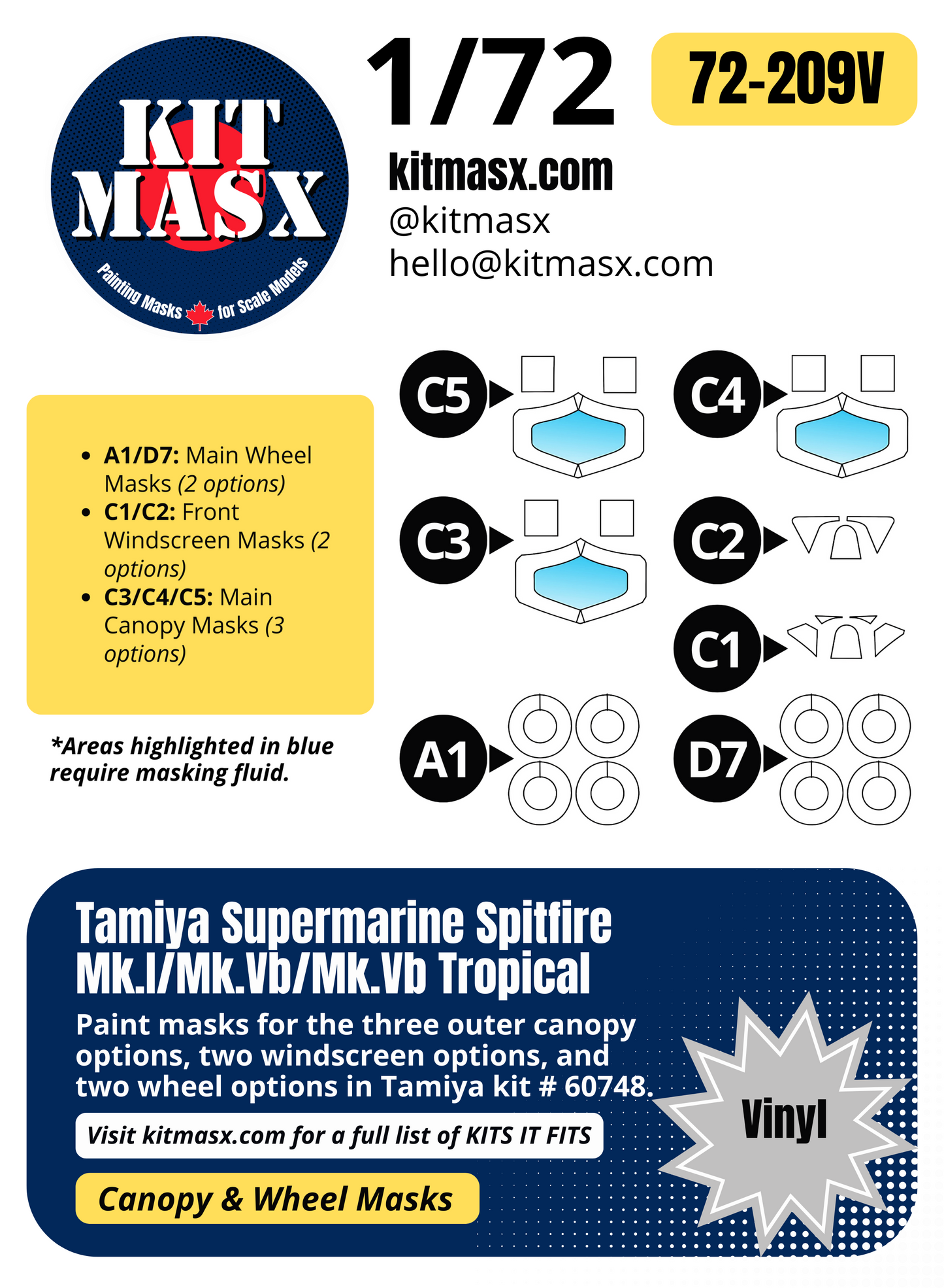 Tamiya Supermarine Spitfire Mk.I/Mk.Vb/Mk.Vb Tropical 1/72 Canopy & Wheel Paint Masks, Kit # 60748