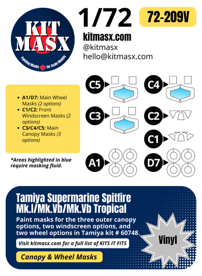 Tamiya Supermarine Spitfire Mk.I/Mk.Vb/Mk.Vb Tropical 1/72 Canopy & Wheel Paint Masks, Kit # 60748