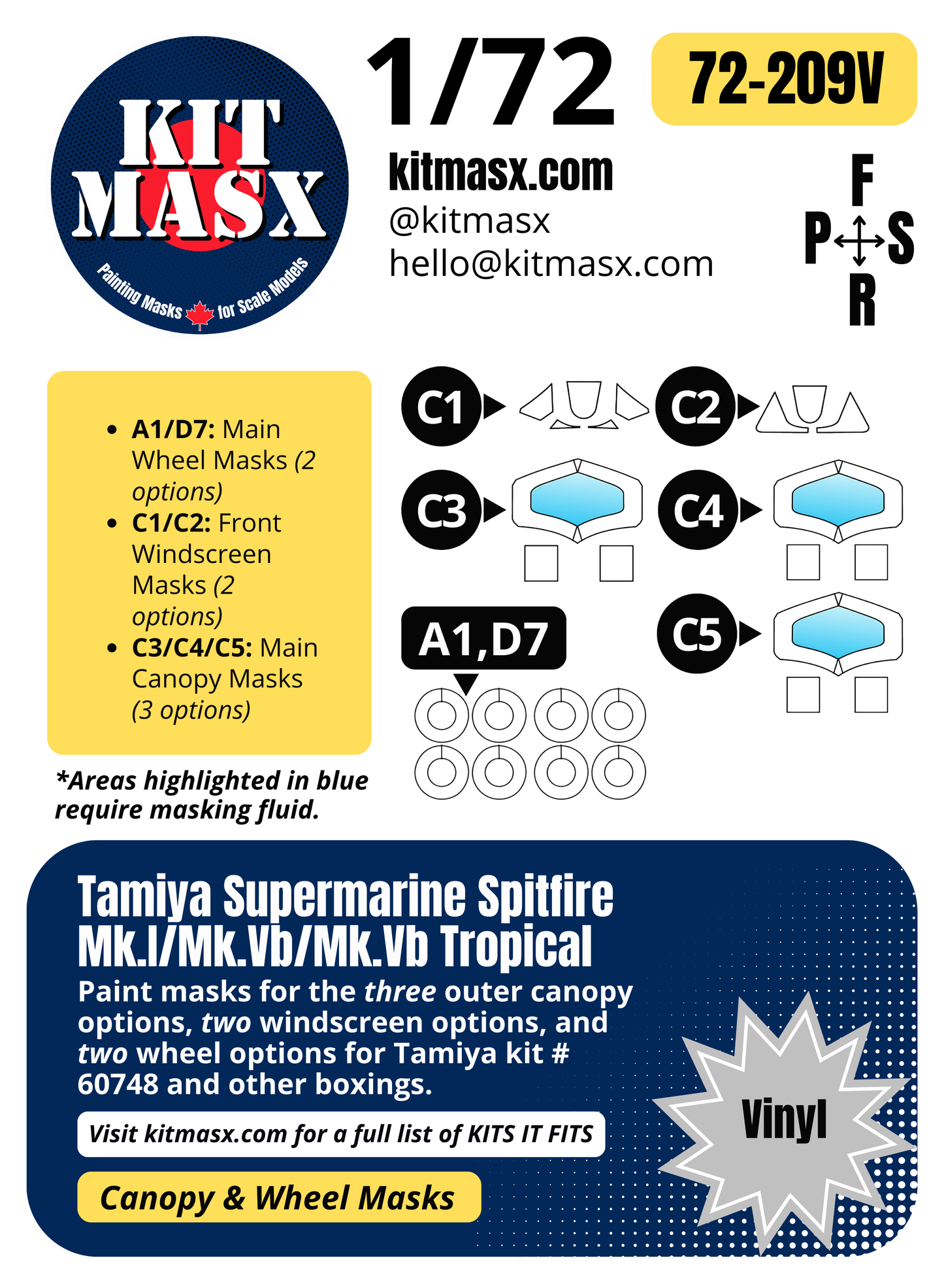 Tamiya Supermarine Spitfire Mk.I/Mk.Vb/Mk.Vb Tropical 1/72 Canopy & Wheel Paint Masks, Kit # 60748