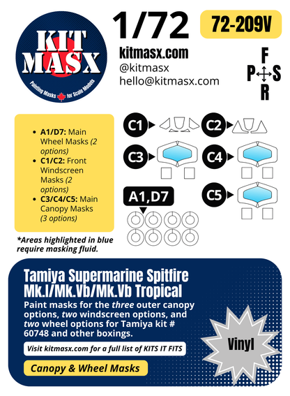Tamiya Supermarine Spitfire Mk.I/Mk.Vb/Mk.Vb Tropical 1/72 Canopy & Wheel Paint Masks, Kit # 60748